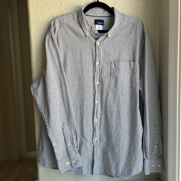 Basic Editions Tops - Women XL Button Down Stripe Shirt Navy White Cotton Preppy Nautical Coastal